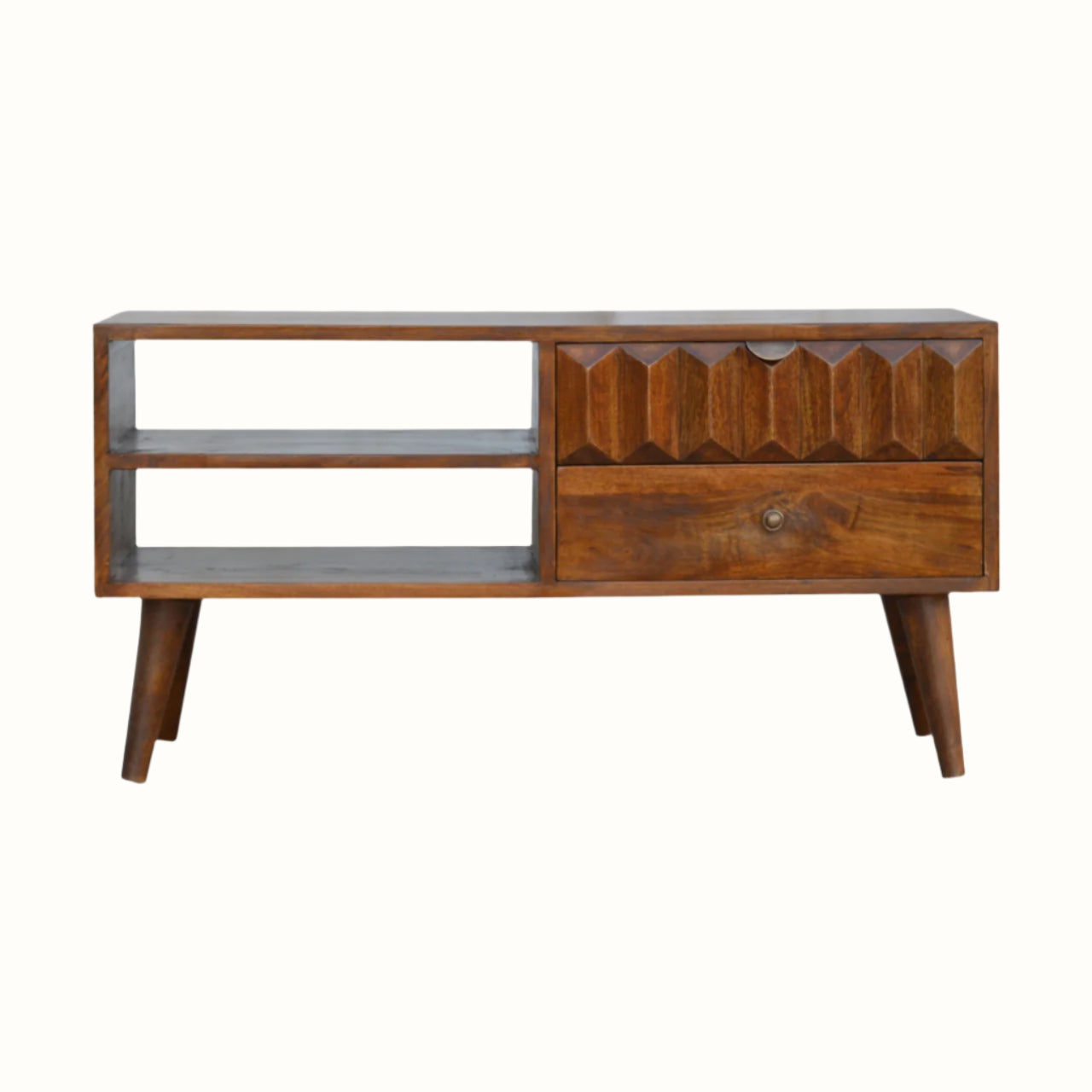 Solid wood coffee table with open storage in dark brown stain.