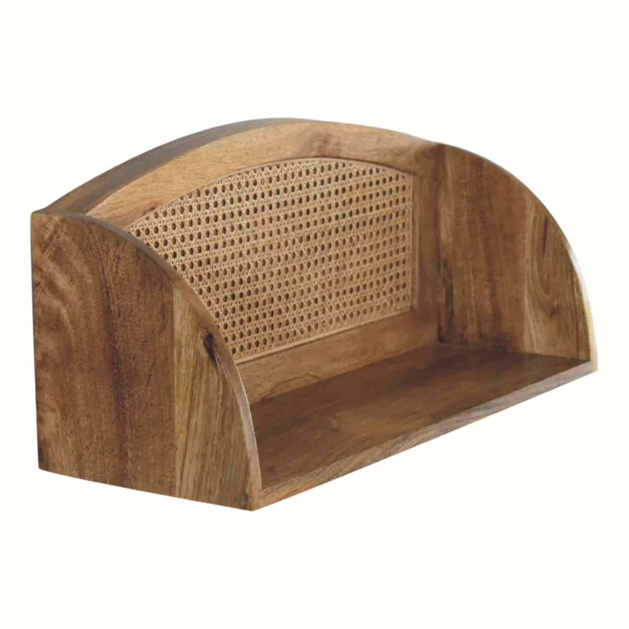 Woden shelf with cane backing on white background.