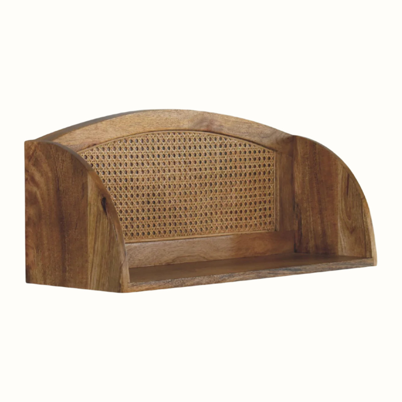 Wooden shelf with wicker back on a white background