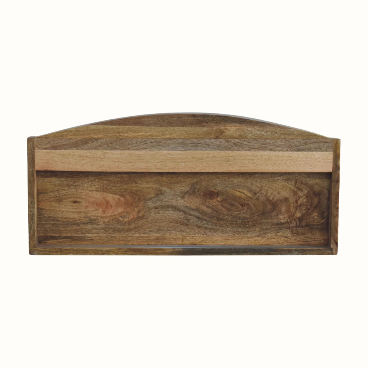 Wooden shelf with a rustic finish on a white background