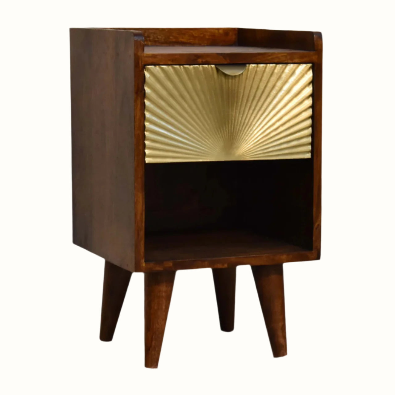Wooden side table with a decorative interior on a white background