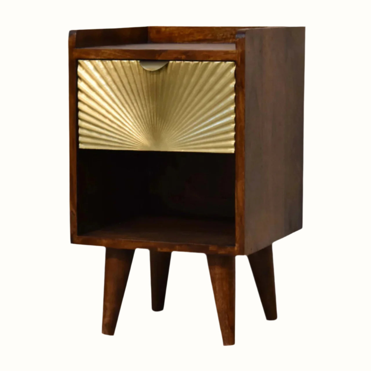 Wooden side table with gold interior on a white background