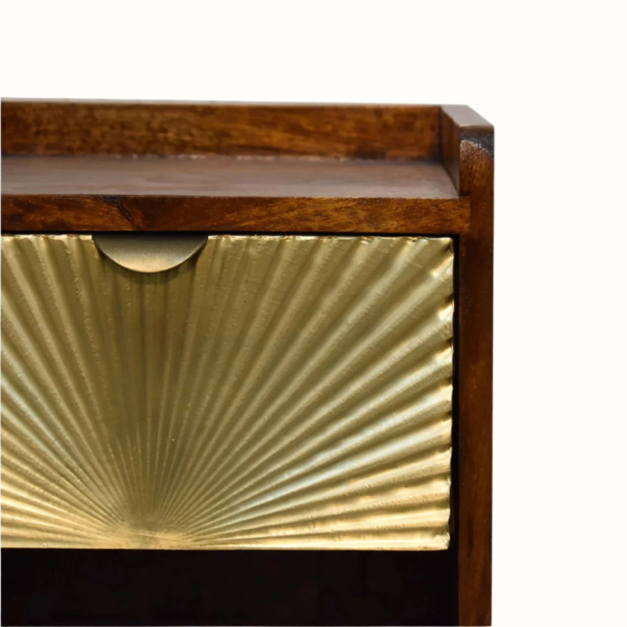 Wooden shelf with a gold metallic finish on a white background