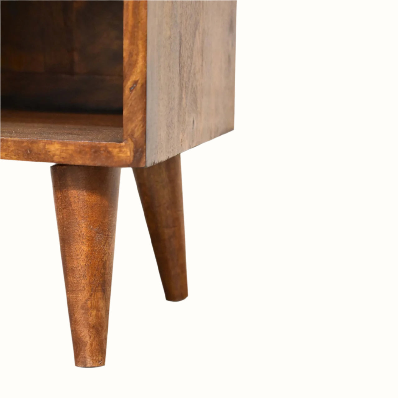 Close-up of a wooden side table with a white background