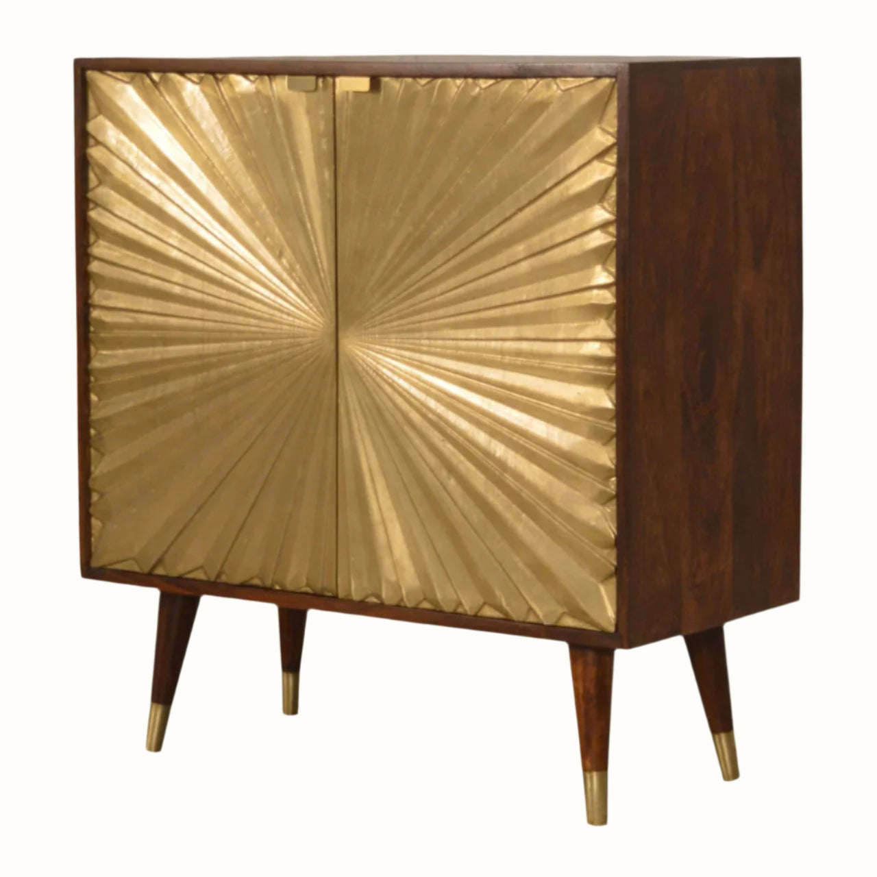 Wooden cabinet with gold sunburst design on doors against a white background