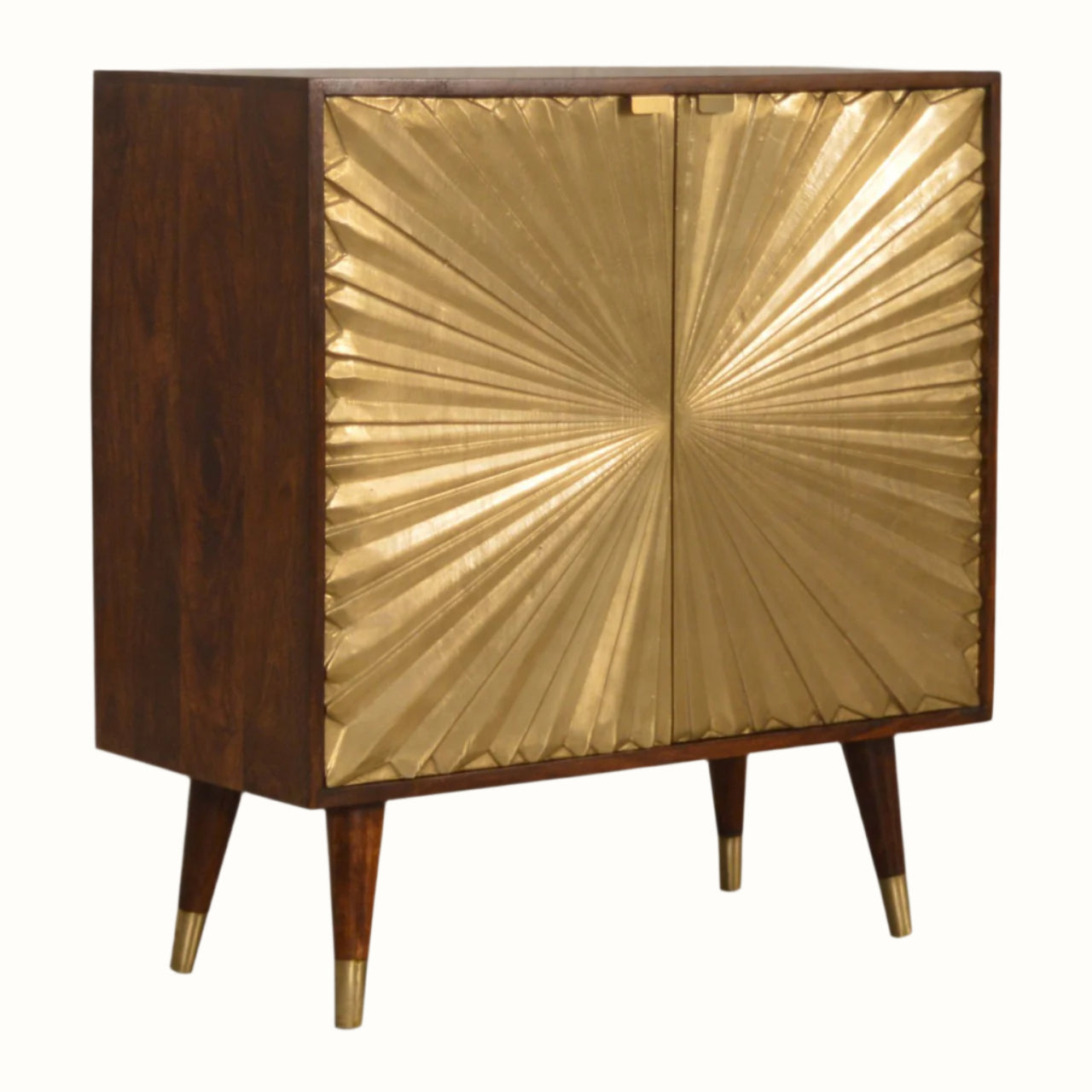 Wooden cabinet with gold sunburst design on doors against a white background
