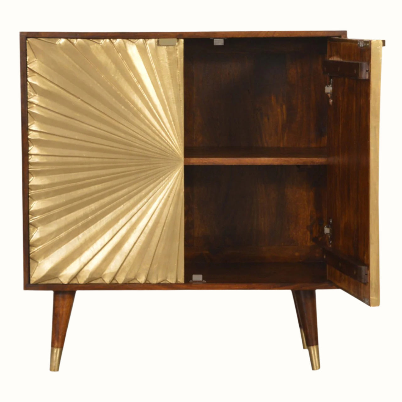 Wooden cabinet with a gold leaf design on one side, on a white background