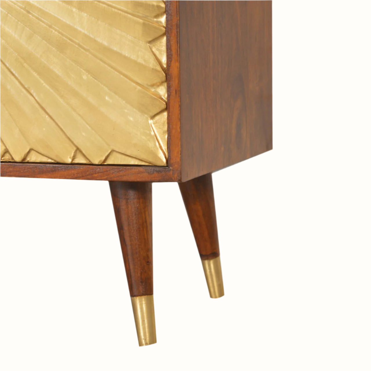 Wooden cabinet with gold accents on a white background