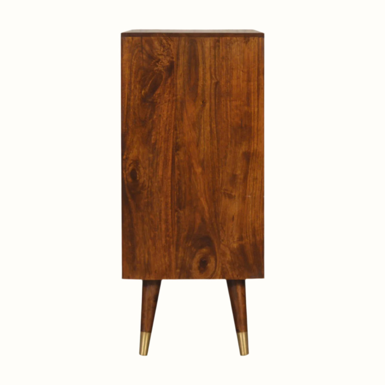 Wooden cabinet with gold feet on a white background
