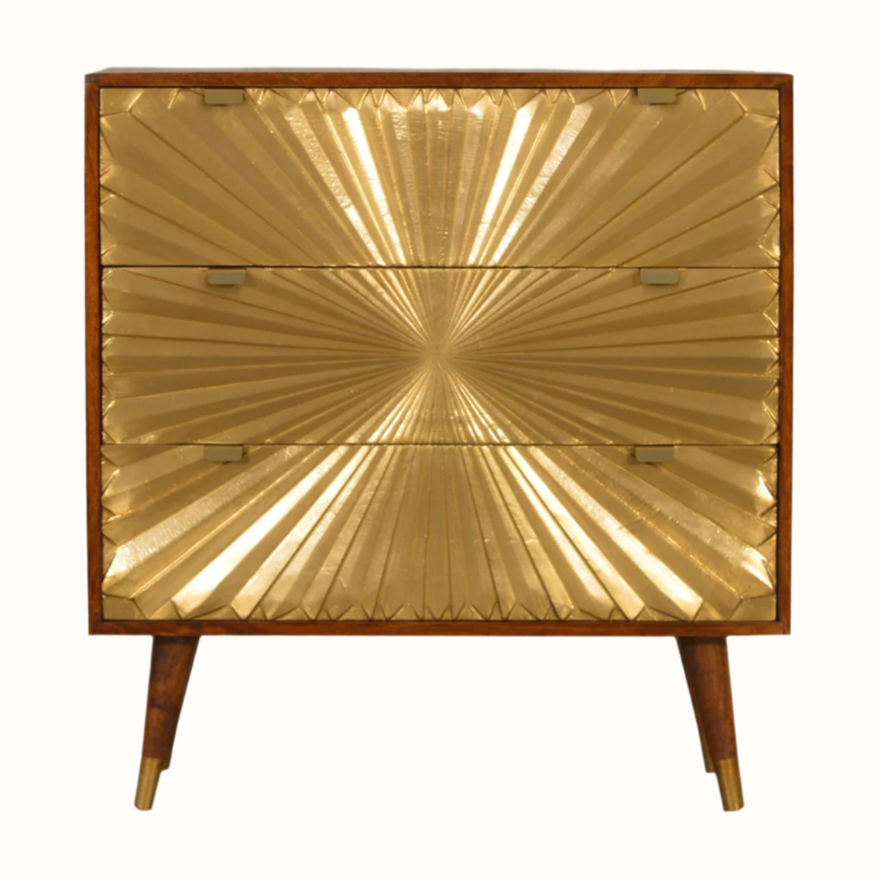 Wooden dresser with gold sunburst pattern on a white background