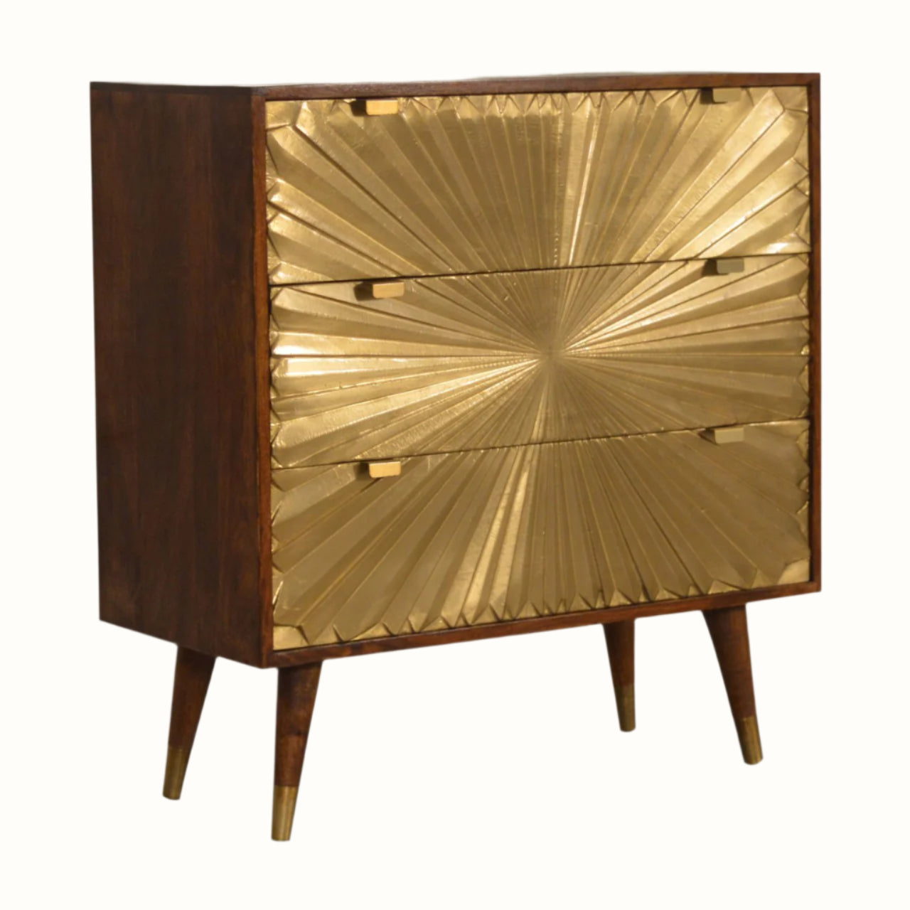 Wooden dresser with gold sunburst design on a white background