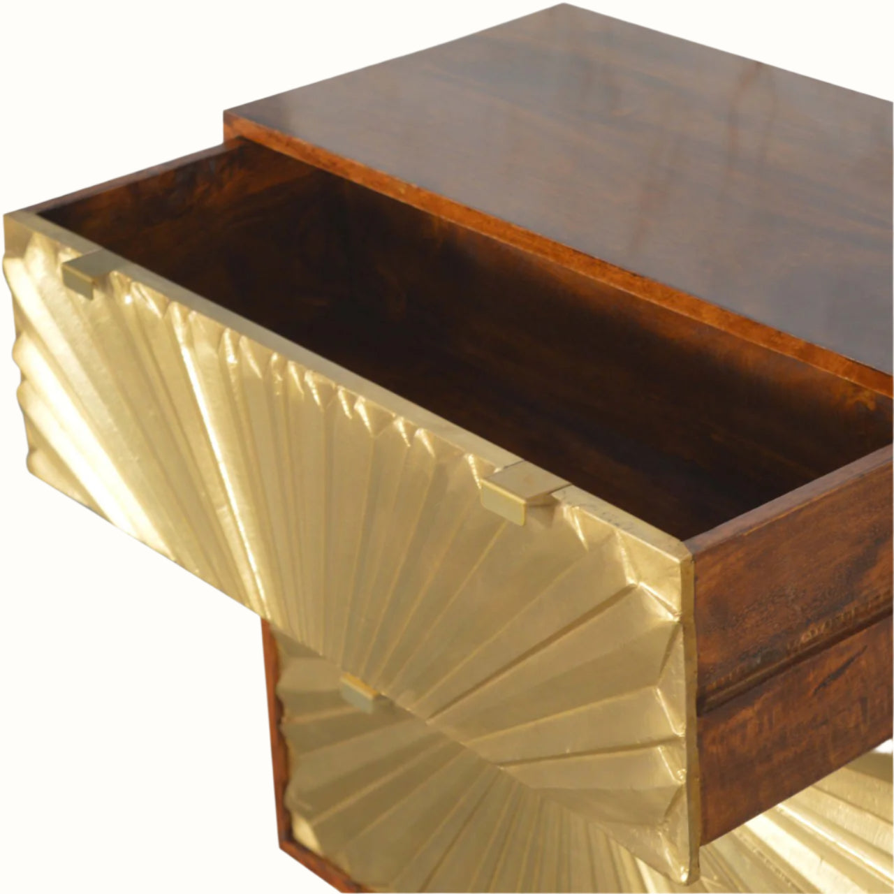 Wooden chest with gold leaf detailing on a white background
