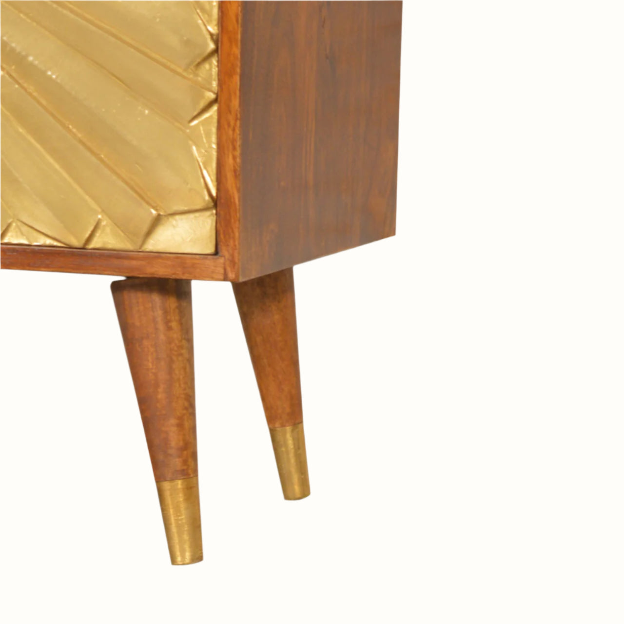 Wooden cabinet with gold accents on a white background