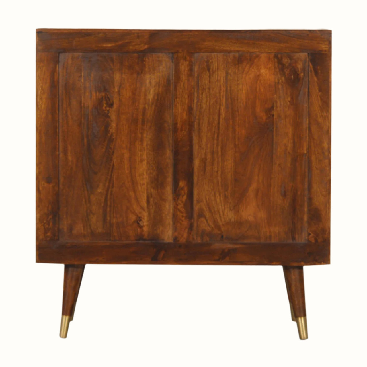 Wooden chest of drawers with a dark brown finish on a white background