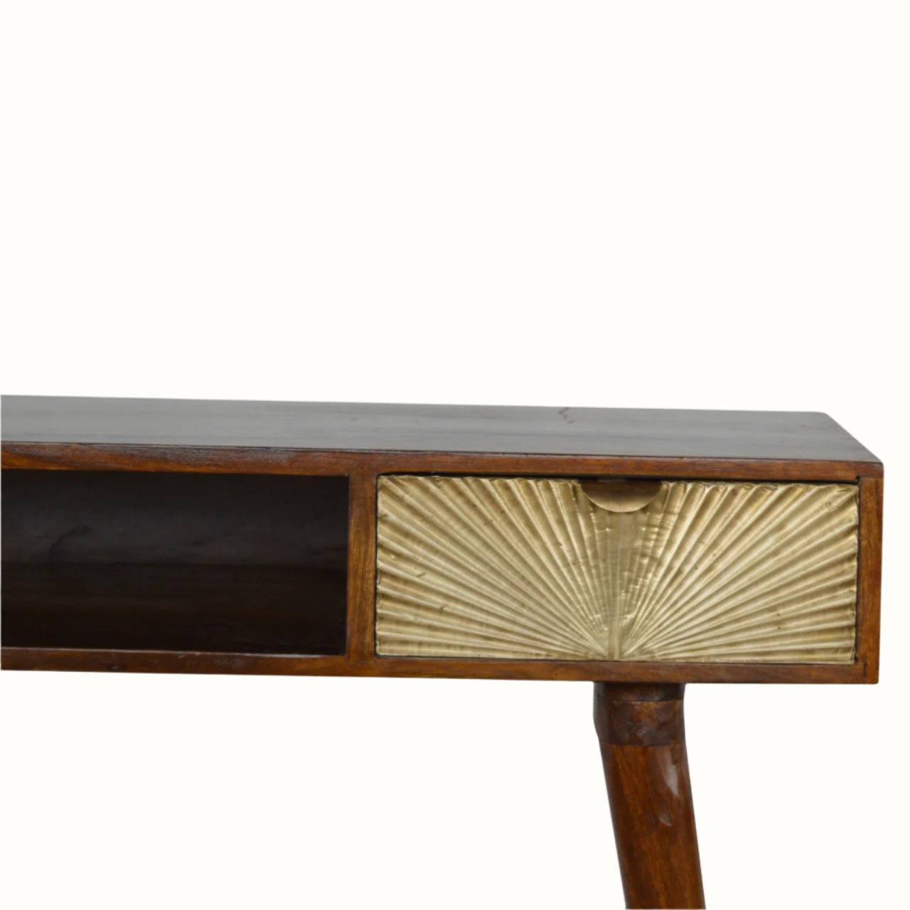 Wooden console table with a decorative drawer on a white background