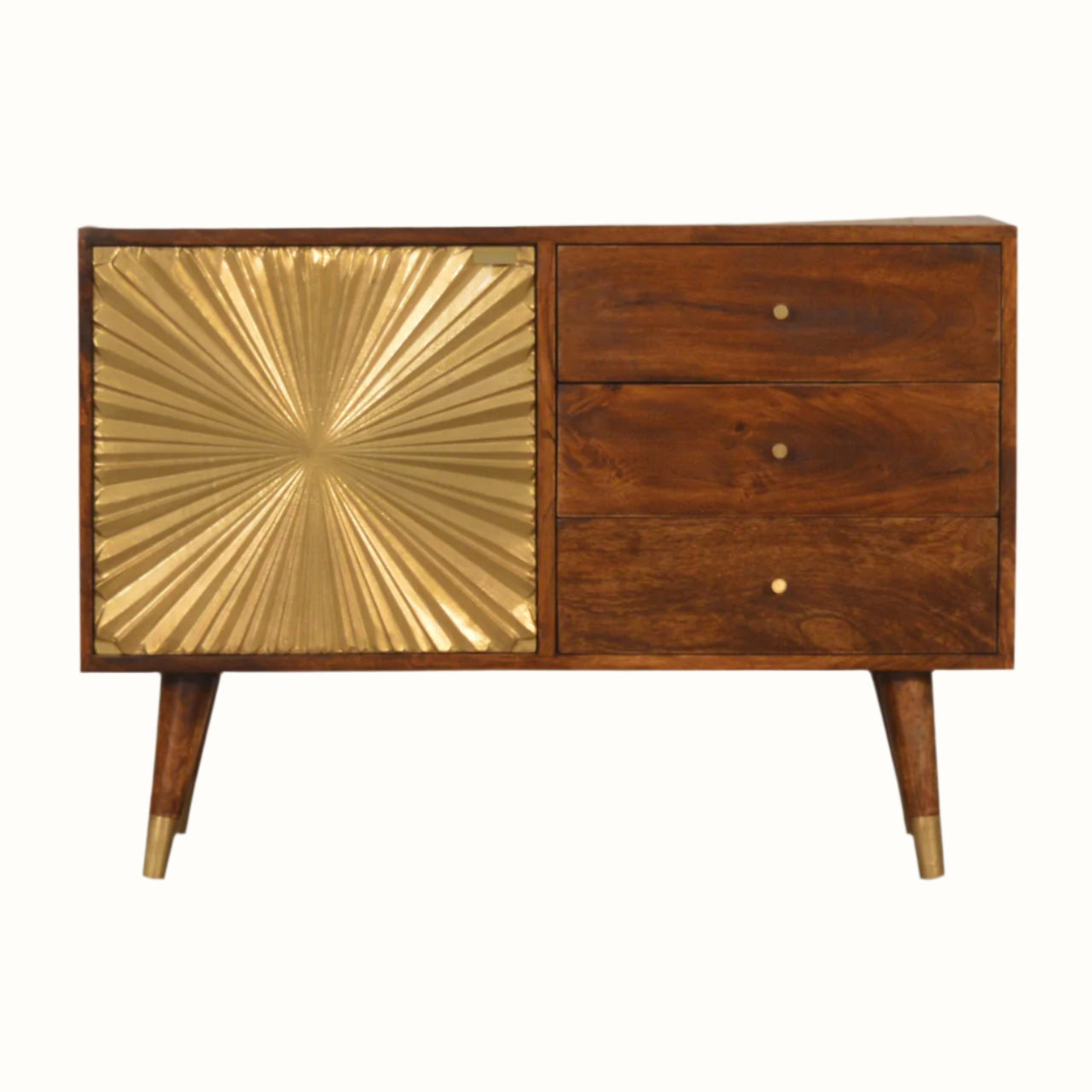 Wooden sideboard with gold sunburst design on a white background