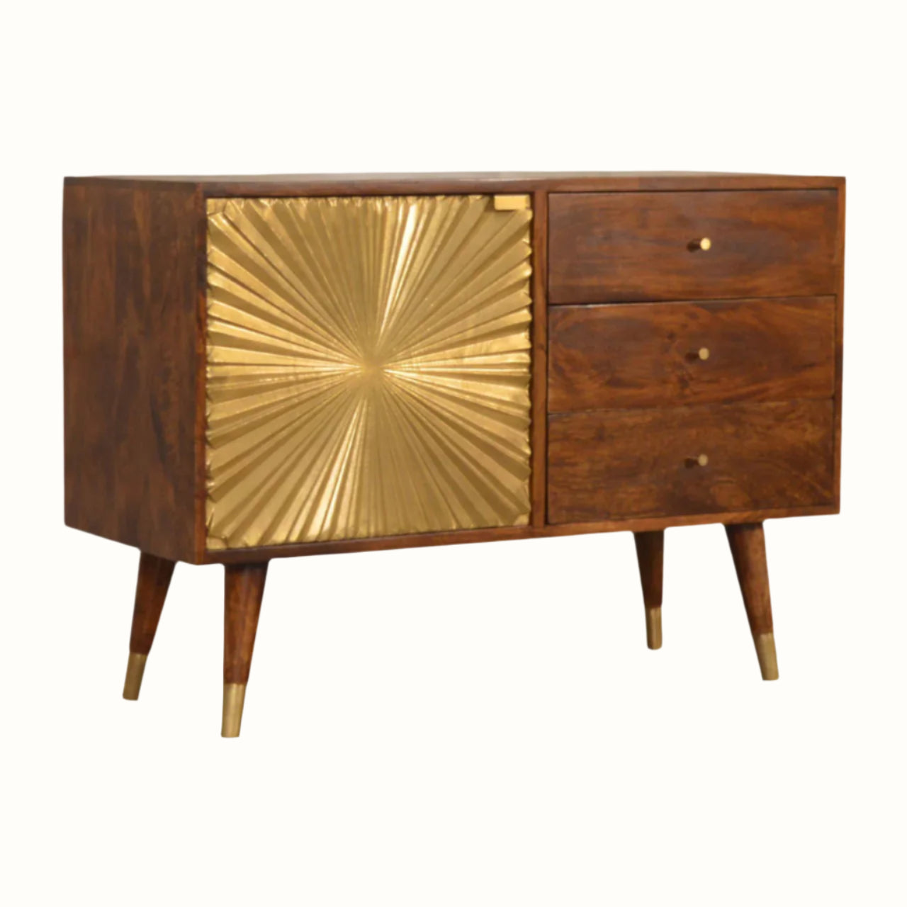 Wooden cabinet with gold sunburst design on a white background