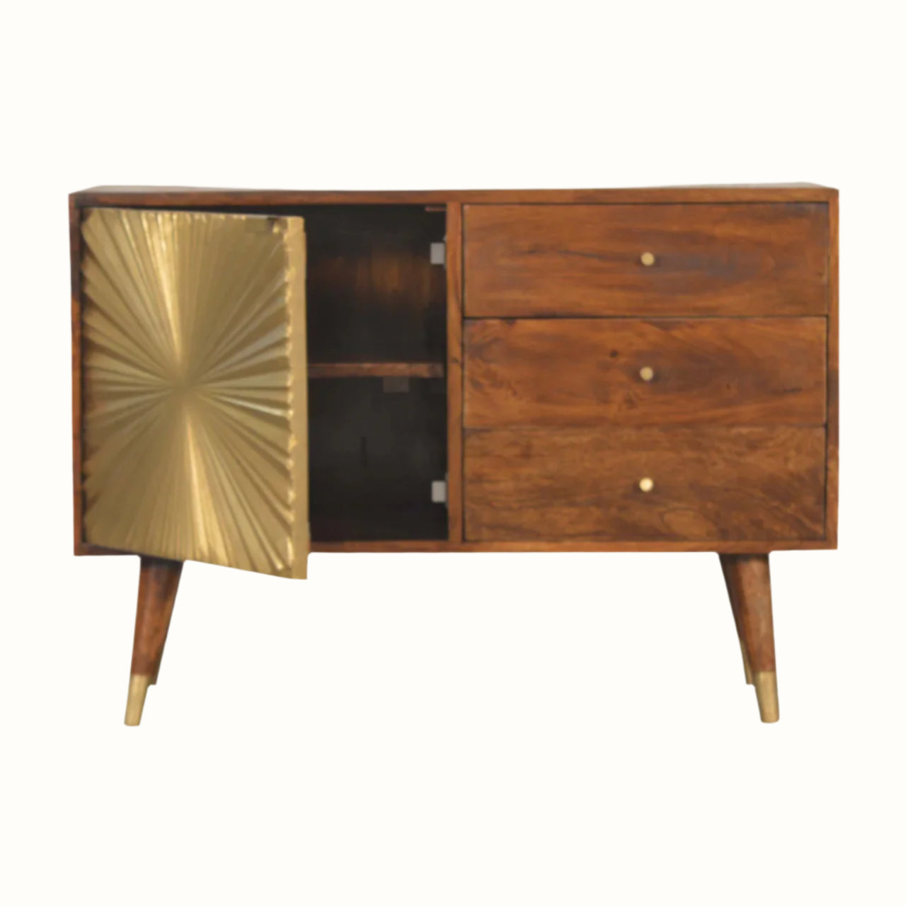 Wooden cabinet with gold accents on a white background