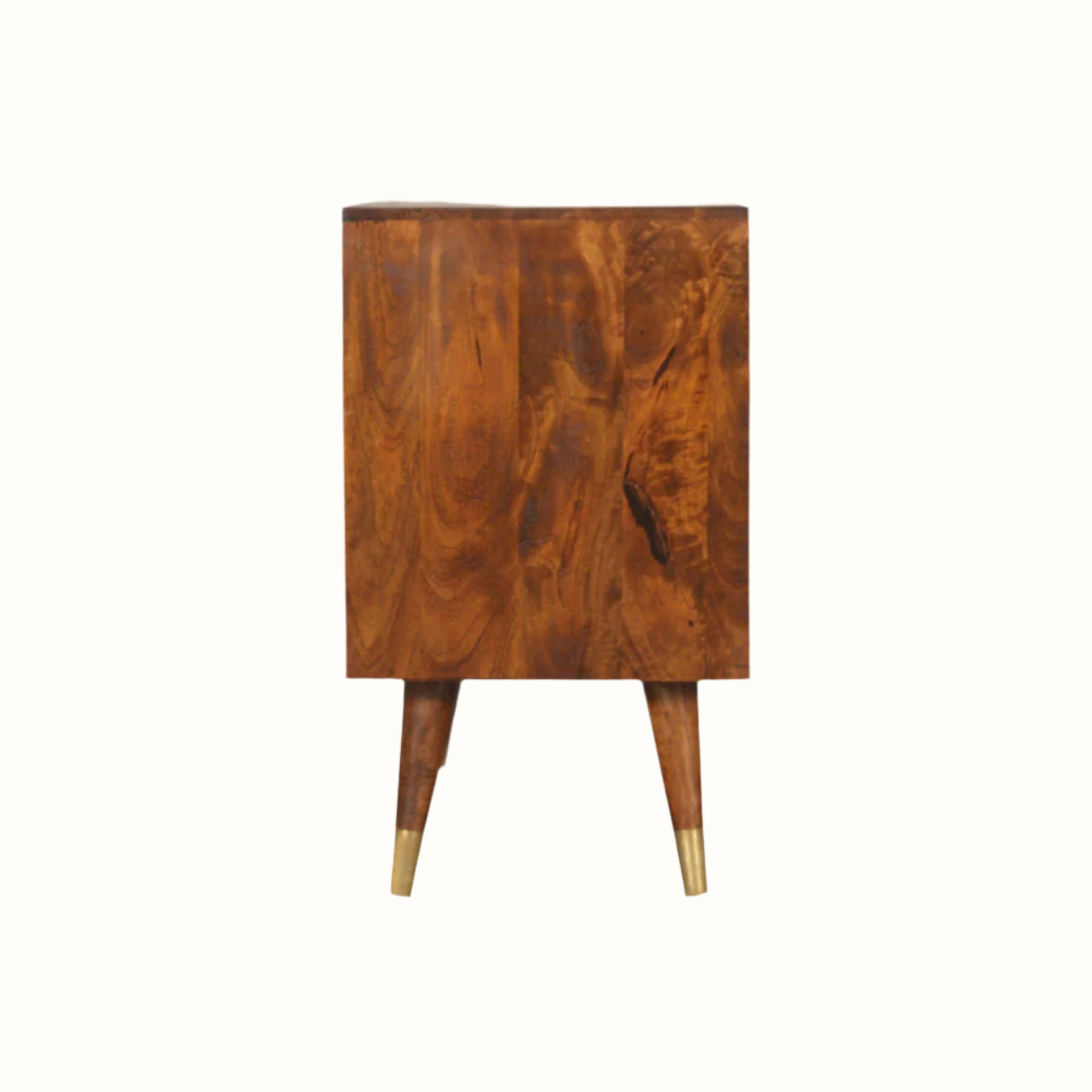 Wooden side table with gold accents on a white background