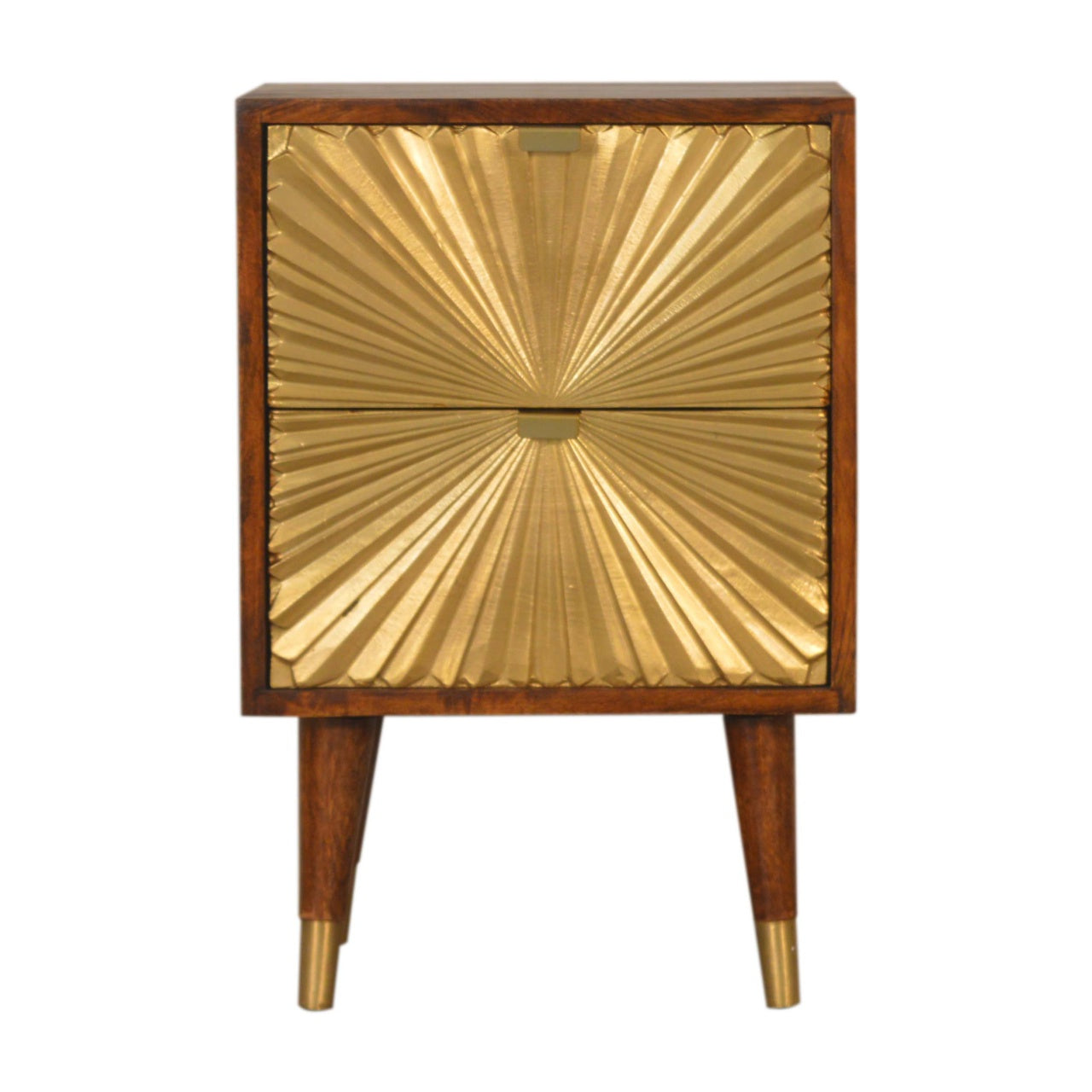 Wooden cabinet with gold sunburst design on a white background