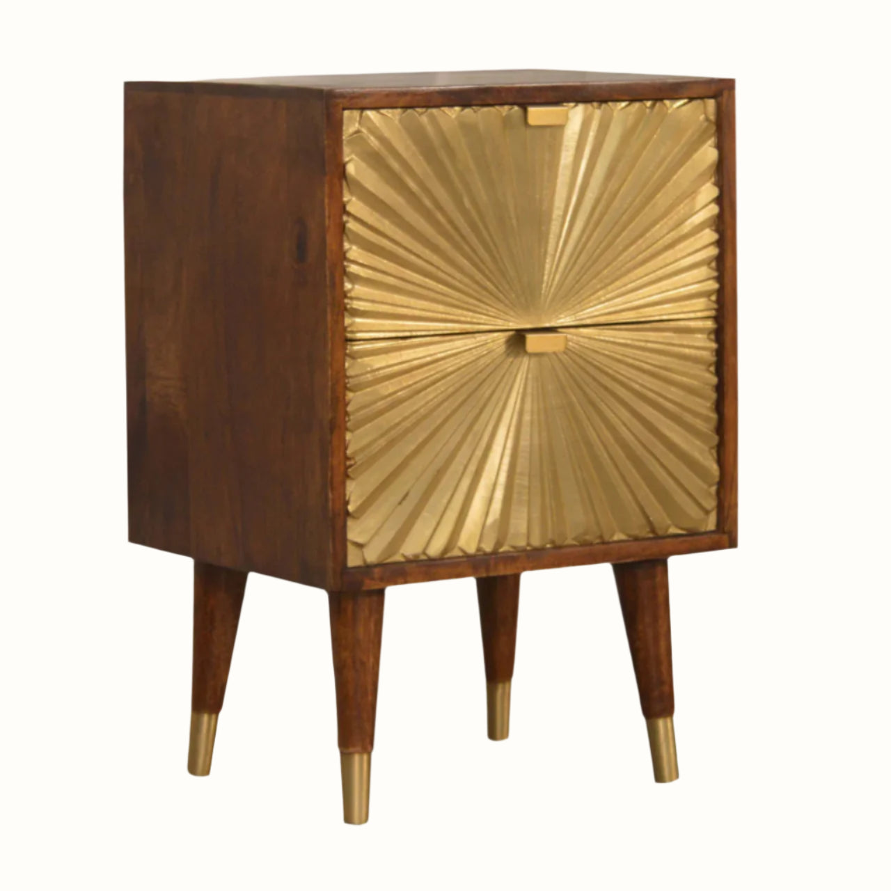 Wooden cabinet with a gold sunburst design on a white background