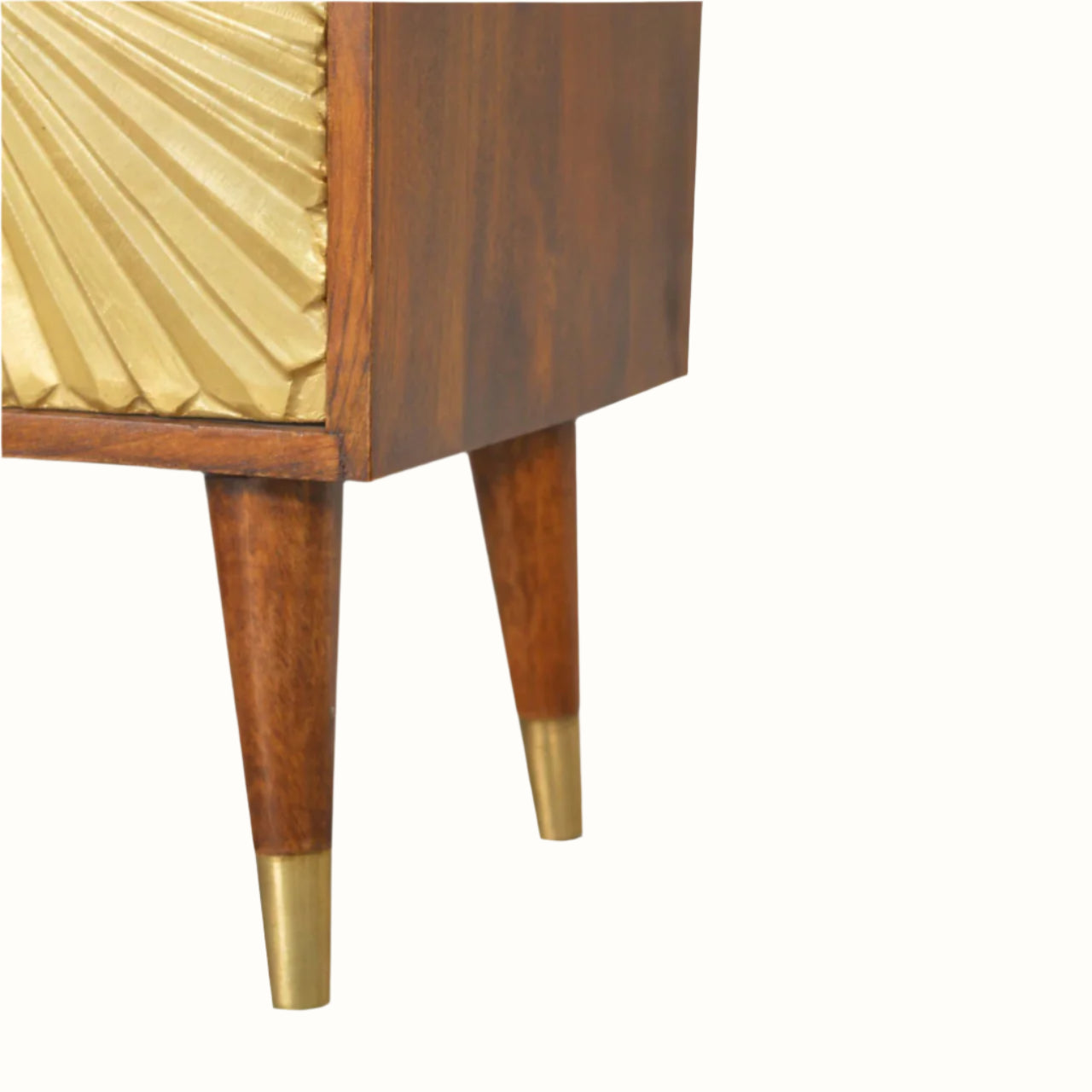 Wooden cabinet with gold accents on a white background