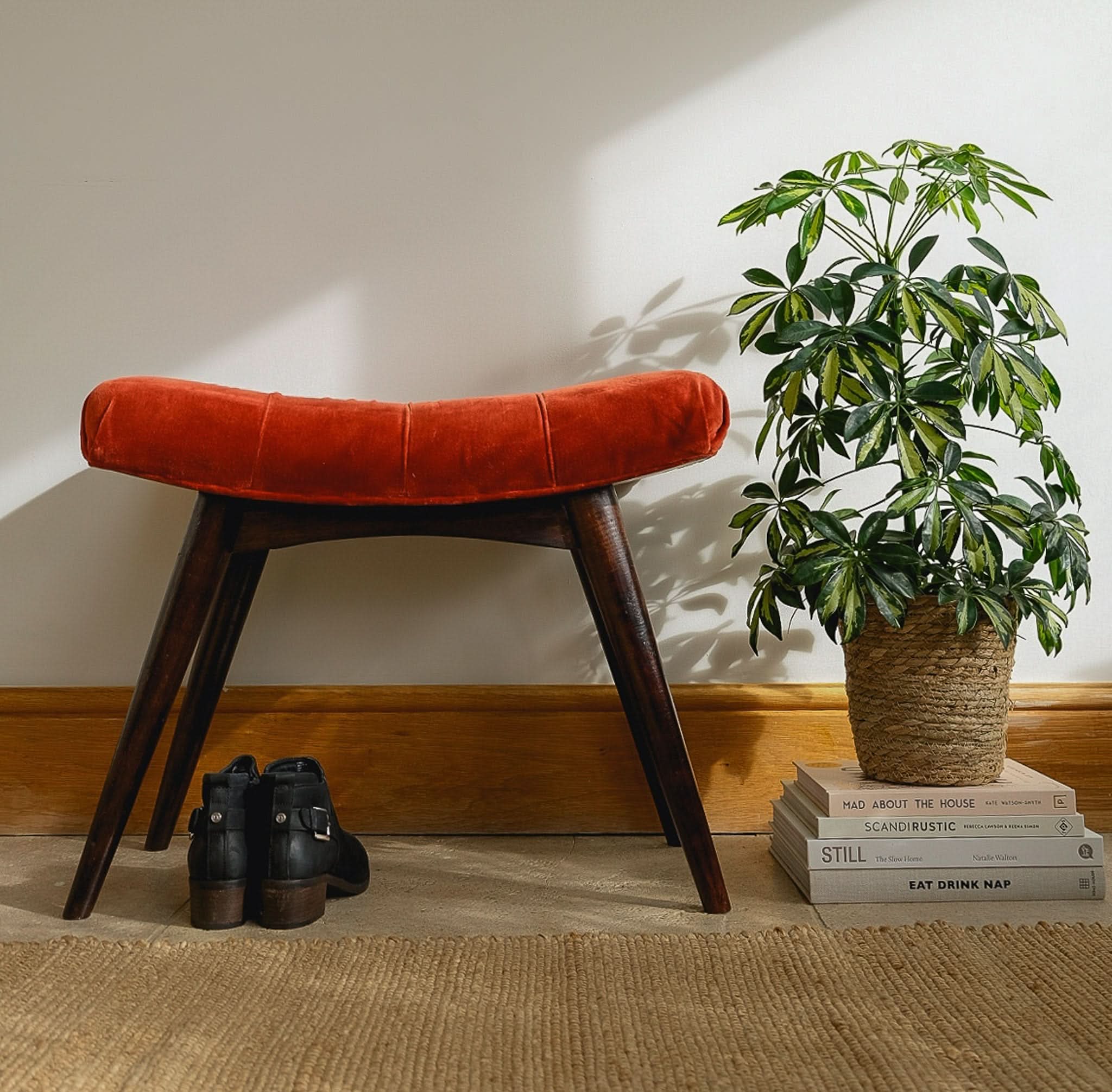 Bokel Home Bench Bethell Curved Stool, Medium - Rust Velvet/Walnut
