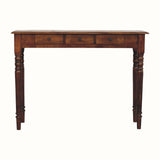 Wooden console table with three drawers on a white background
