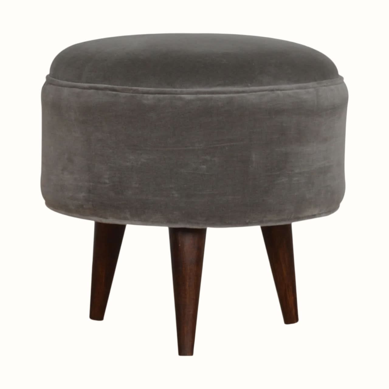 Bokel Home Footstools Button Velvet Footstool - Stone Grey/Walnut