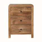 Curved rectangle shaped light wood bedside table with three drawers.