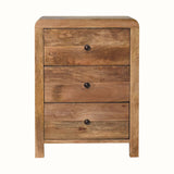 Curved rectangle shaped light wood bedside table with three drawers.