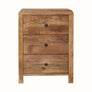 Curved rectangle shaped light wood bedside table with three drawers.