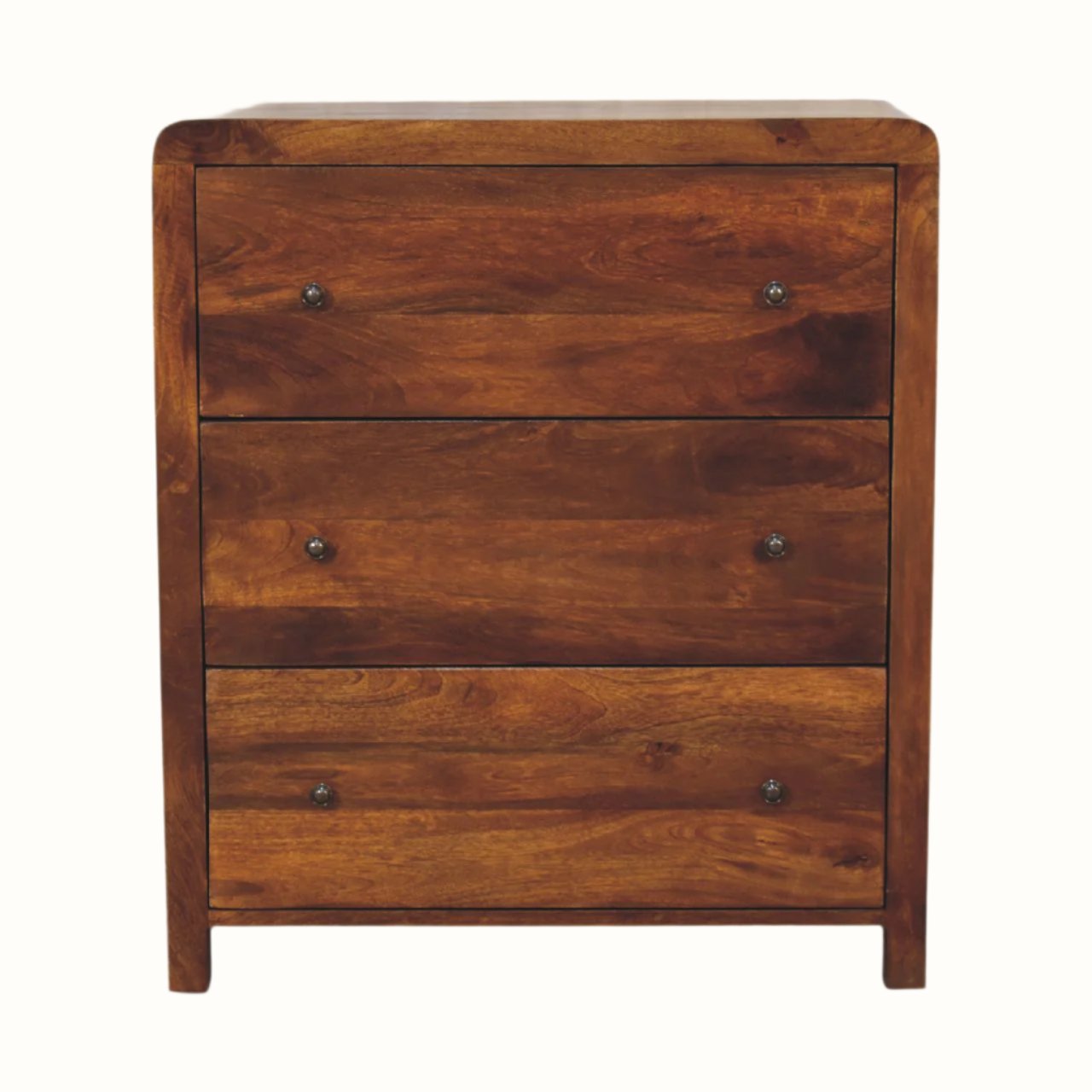 Curved chest of 3 drawers, crafted from solid mango wood in a dark brown chestnut finish.