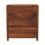 Curved chest of 3 drawers, crafted from solid mango wood in a dark brown chestnut finish.