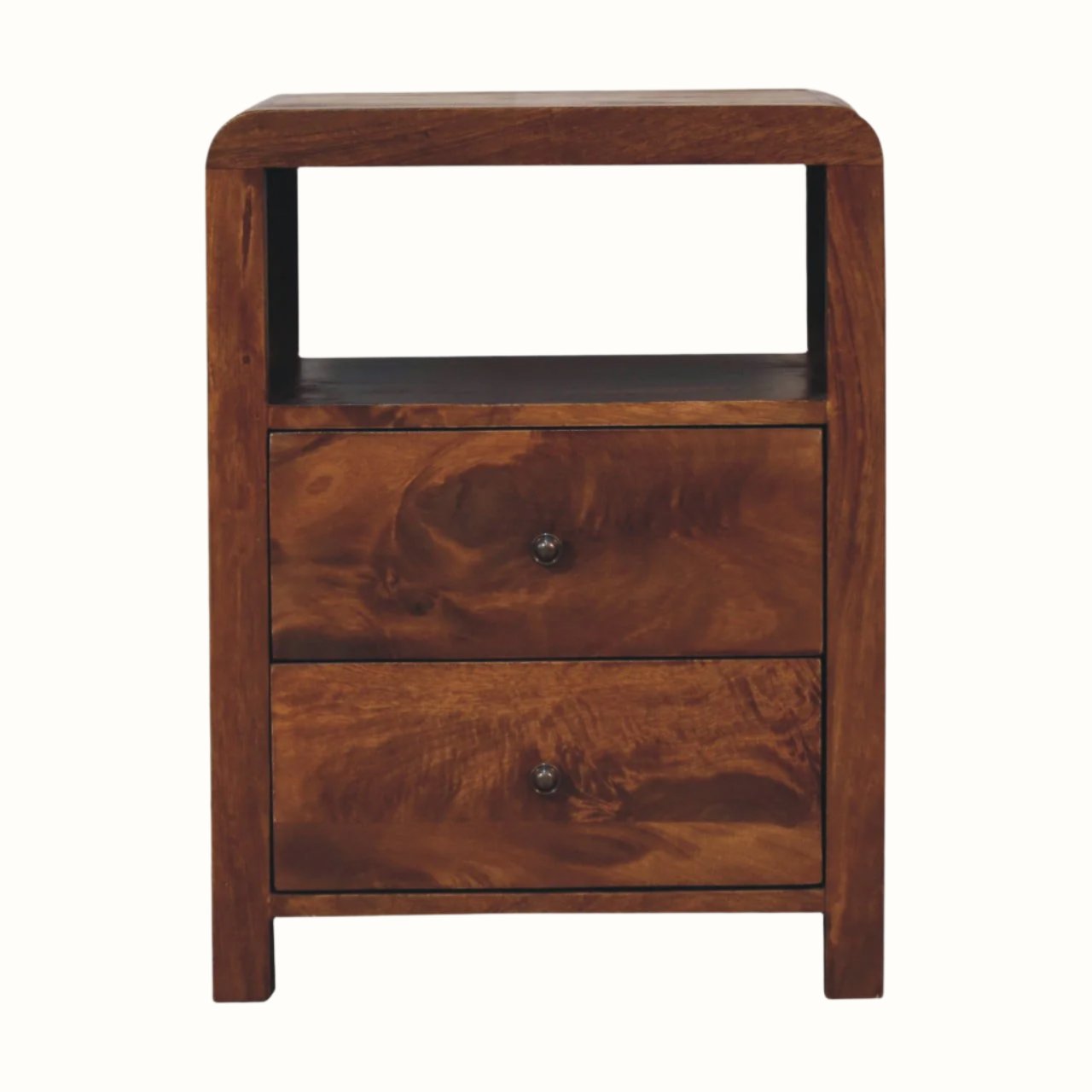 Dark wood curved square bedside table with two drawers and open slot shelf.