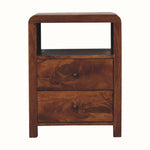 Dark wood curved square bedside table with two drawers and open slot shelf.