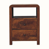 Dark wood curved square bedside table with two drawers and open slot shelf.