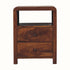 Dark wood curved square bedside table with two drawers and open slot shelf.