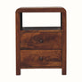 Dark wood curved square bedside table with two drawers and open slot shelf.