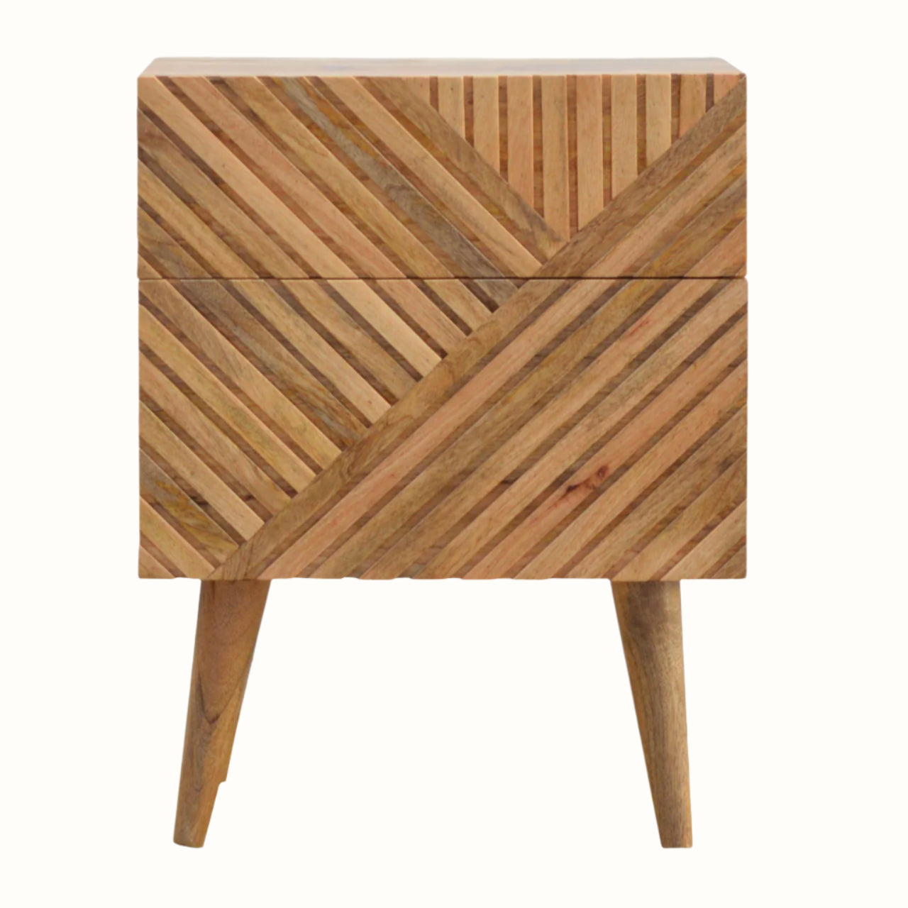 Square line carved bedside made from solid wood, natural finish.