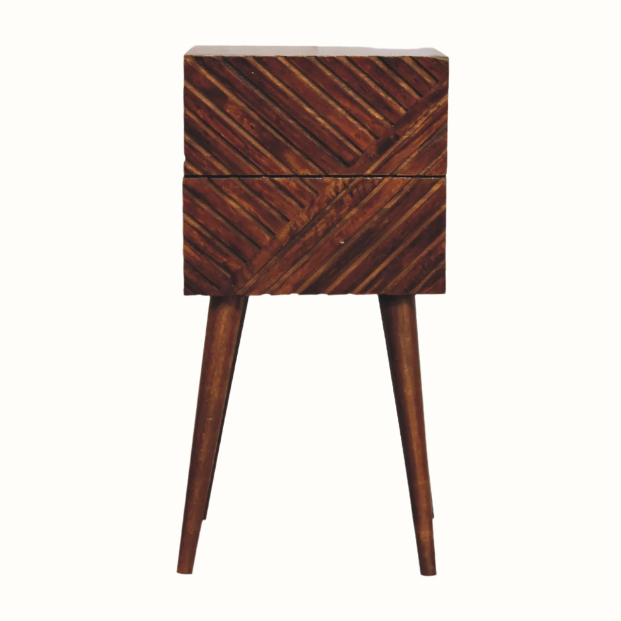 Compact square bedside, with line carved pattern made from solid wood in a dark brown finish. 