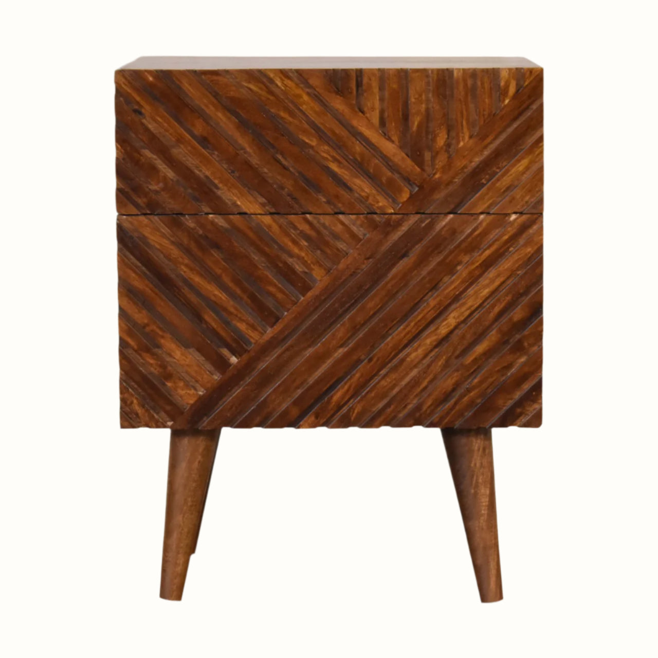 Dark wood bedside with line carved drawer front.