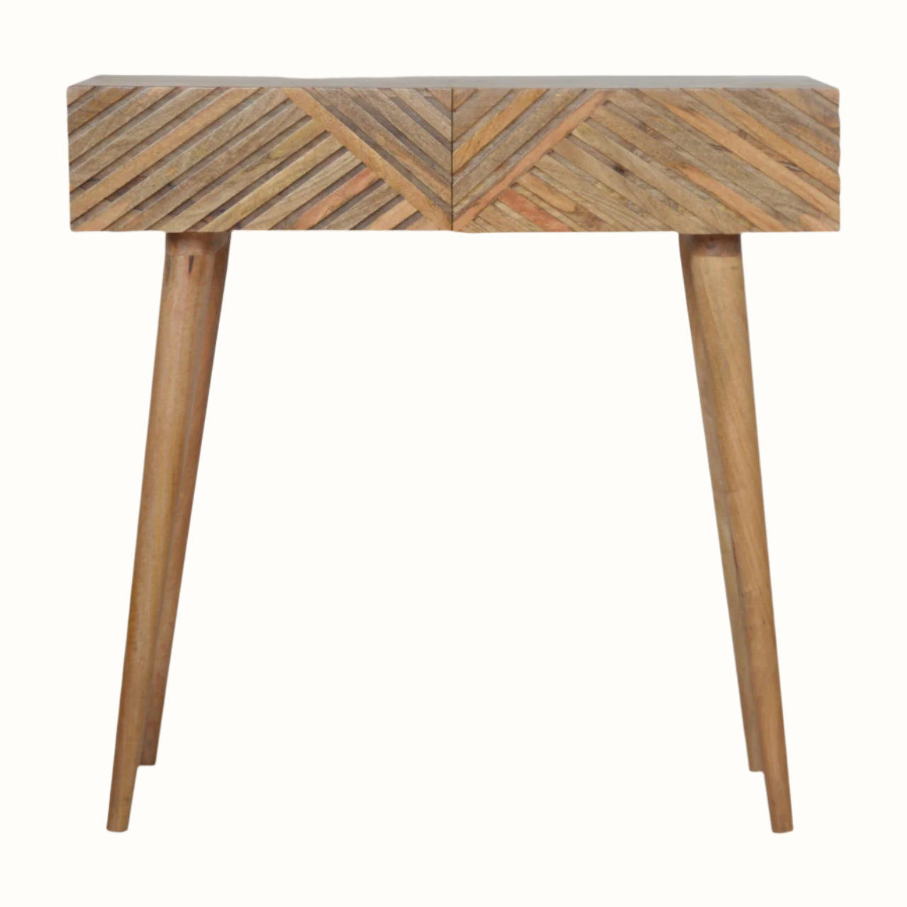 Solid wood console table with storage drawers and tapered legs.