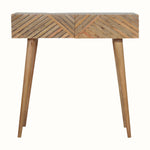 Solid wood console table with storage drawers and tapered legs.