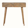 Solid wood console table with storage drawers and tapered legs.