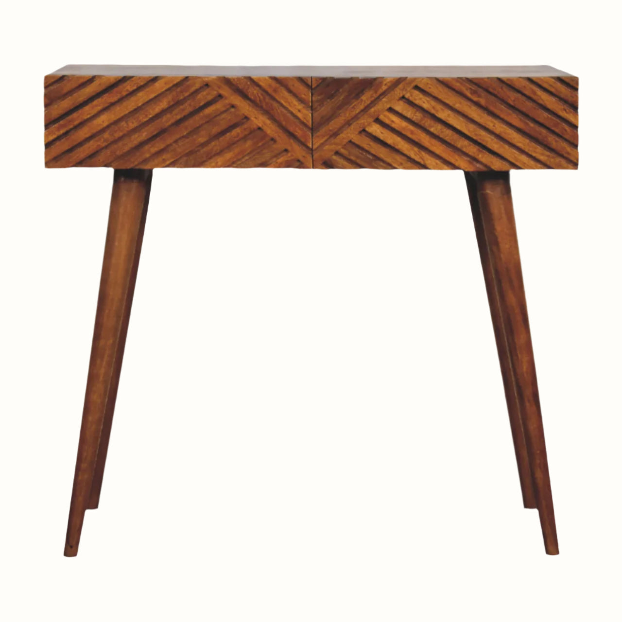 Wooden console table in dark brown stain, with line carved drawer fronts.