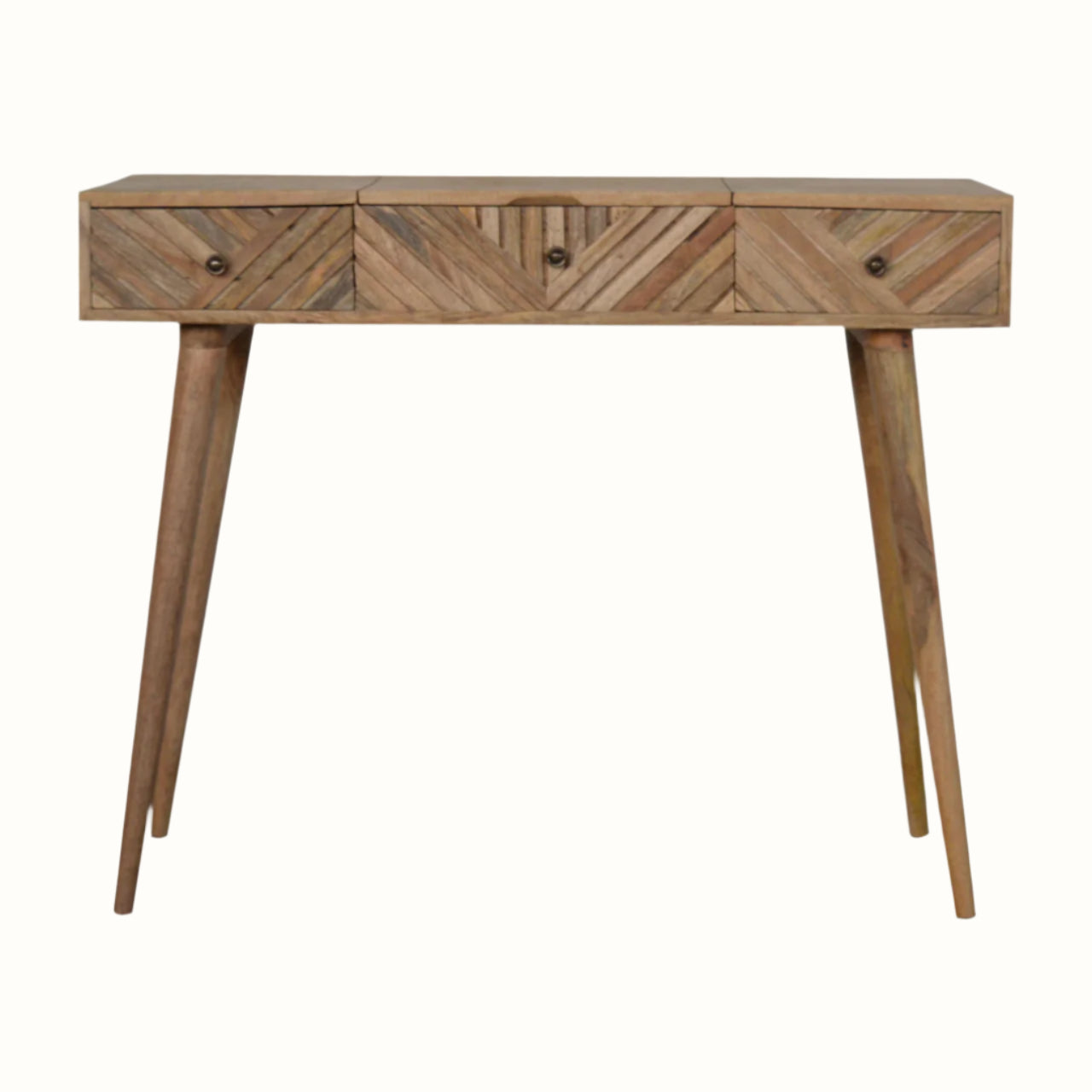 Solid wood dressing table in natural brown finish, Scandi style.