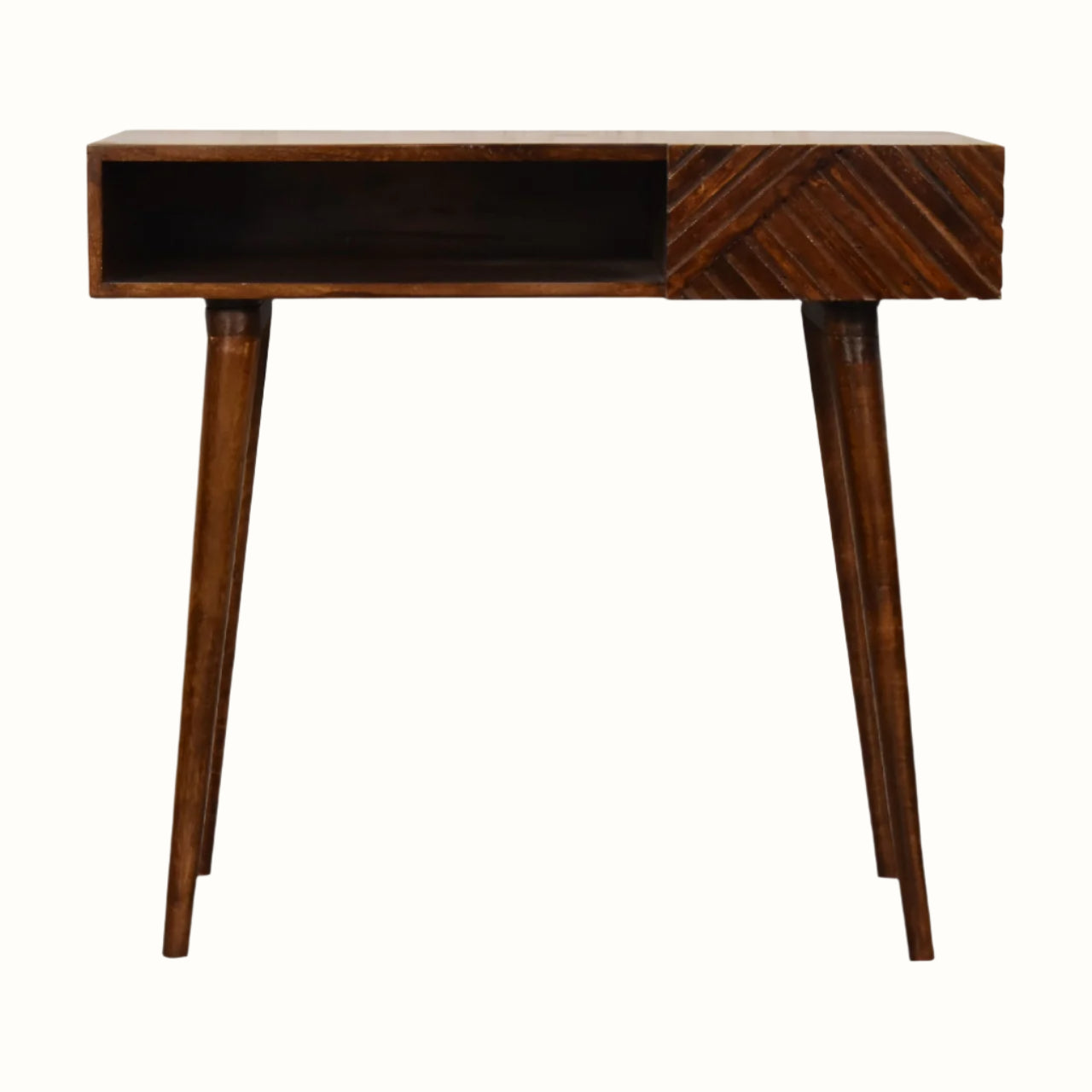 Dark wood desk with storage and tapered legs.