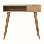 Scandinavian wooden desk in light brown finish, with storage.