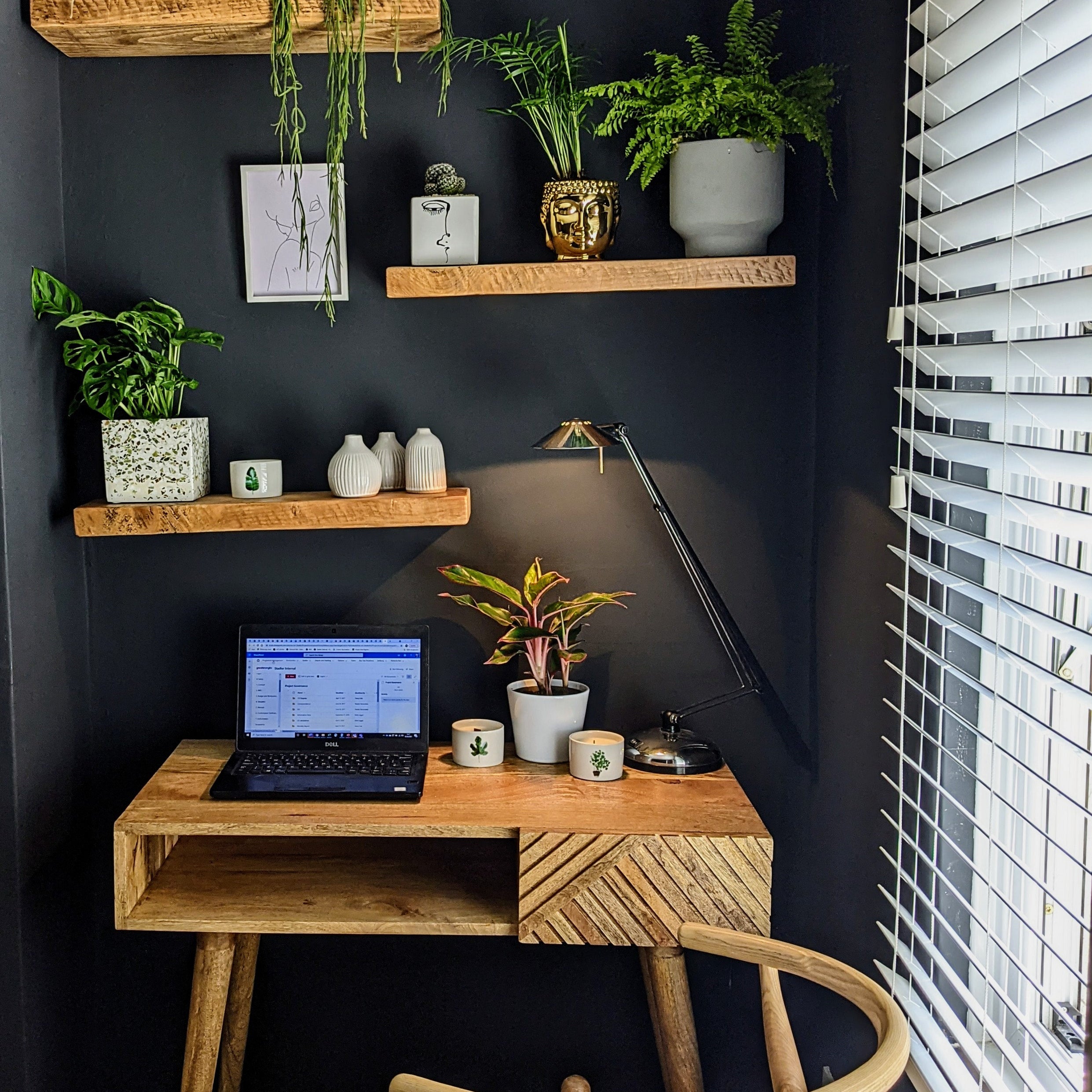 Rustic home office featuring a light brown wooden desk, with a laptop and plant on top.